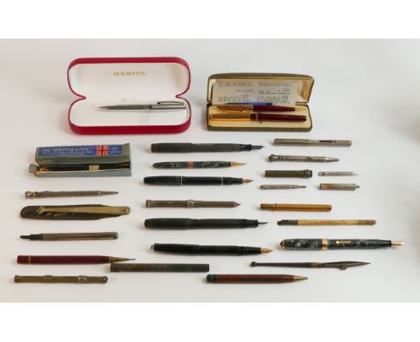 A collection of vintage Fountain pens, Scribes, Combination scribe / dip pens, propelling pencils including Myers Supa, Water