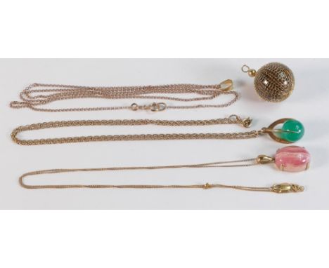 Two 9ct gold mounted pendants (jade &amp; agaate or similar) and 2 x 9ct gold 45cm chains, together with a 61cm long 9ct chai