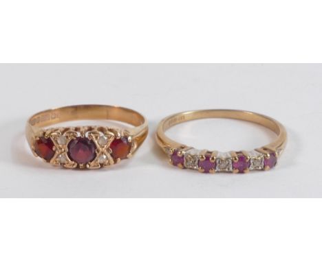 Two 9ct gold hallmarked dress rings - Garnet &amp; white stone ring size P, weight 2.14g, together with ruby &amp; diamond ri