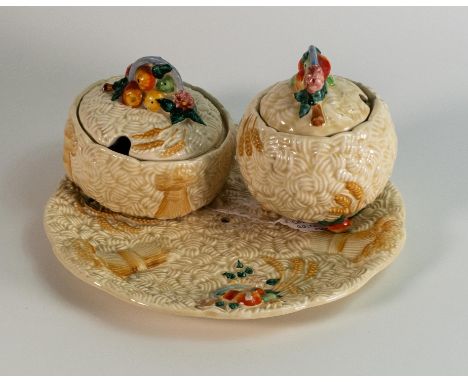 Clarice Cliff Embossed Celtic Harvest patterned Jam pot, preserve pot &amp; plate for cake stand, height of tallest 11cm(3) 