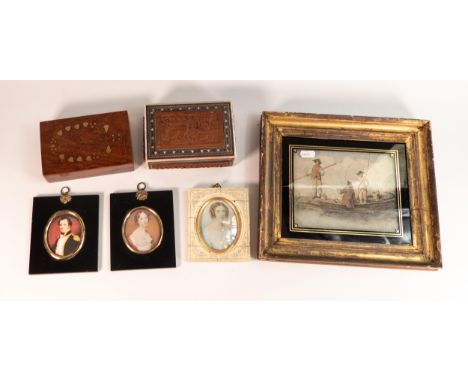 Collection, antique fishing print, 3 miniatures (prints) and 2 wooden boxes. 