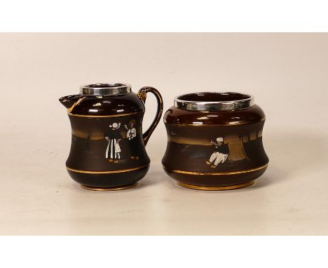 Ceramic sugar Bowl &amp; Milk Jug decorated with Dutch Scene , mounted with silver rims, tallest 8cm(2) 