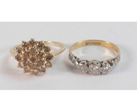 18ct gold diamond 3 stone ring, together with 9ct gold diamond cluster ring, weights 2.28g &amp; 3.04g, sizes K &amp; M (2) 