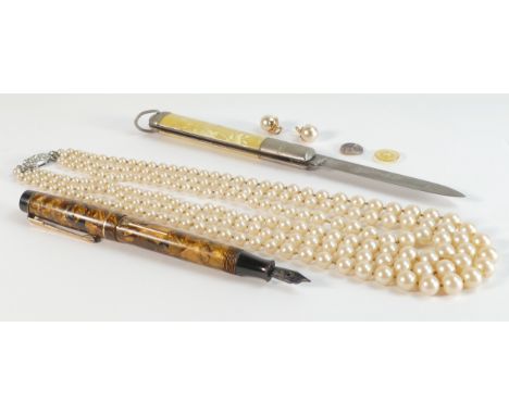 A collection of items, including Dickinson "The Croxley" Vintage Amber Fountain Lever Fill Pen with 14k nib, penknife and pea