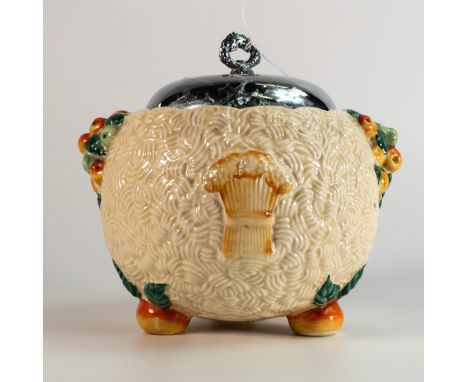 Clarice Cliff Embossed Celtic Harvest Metal Lidded Biscuit Barrel, height 16cm 