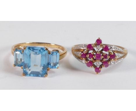 9ct gold &amp; blue Topaz or similar ring size P, together with 9ct ruby &amp; diamond ring size P, both hallmarked,  gross w