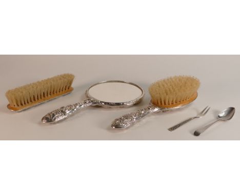Ornate Silver ladies brush set comprising mirror and 2 brushes, Norwegian Silver fork and silver spoon. (5) 