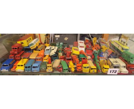 SHELF OF PLAYWORN MAINLY LESNEY DIECAST MODELS - FIRE ENGINES, DOUBLE DECKER BUSES, TRUCKS, ETC