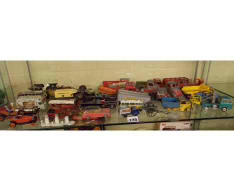 SHELF OF PLAYWORN DIECAST MODEL CARS BY CORGI AND DINKY INCLUDING CHITTY CHITTY BANG BANG, BATMOBILE, ETC