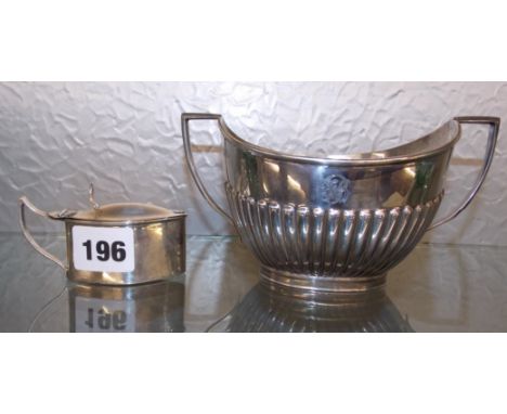 SILVER OVAL MUSTARD POT WITH BLUE GLASS LINER AND A SILVER GADROONED TWIN HANDLED SUCRIER