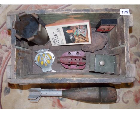 AMMUNITIONS BOX OF SPENT MILITARY SHELLS AND VINTAGE AA BADGE, ETC