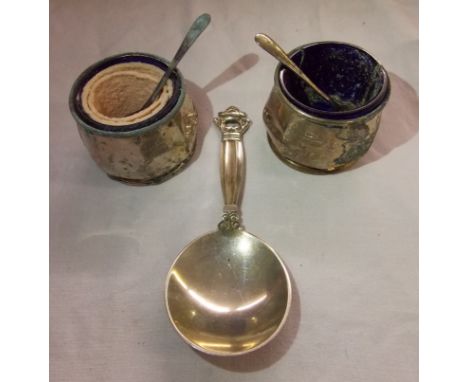 DANISH STERLING SILVER CADDY SPOON AND PAIR OF SILVER PRESERVE POTS