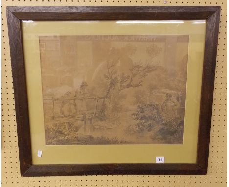 PRINT AFTER A SKETCH BY GEORGE MORLAND - FIGURES ON A BRIDGE WATCHING A FISHERMAN F/G 47CM X 36CM