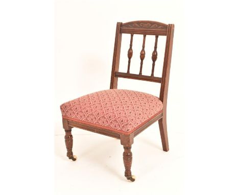 A 19th Century Victorian spindle backed side chair, along with an oak tapestry stool and other smaller stool. Item 1 - H=75.5