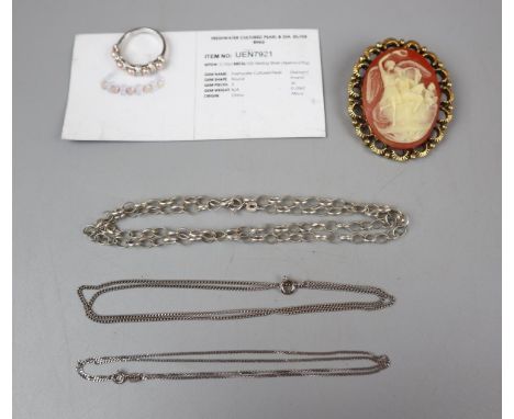 Collection of 3 silver chains a silver pearl set ring and a cameo brooch 