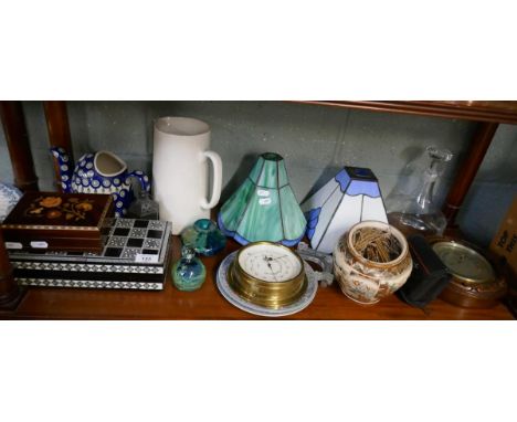 Collectables to include inlaid musical box, Egyptian Backgammon set, Dartington crystal decanter and 3 Tiffany style lamp sha