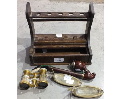 A wooden pipe stand, 24.5cm wide, 20cm high, a pair of Lemaire F1, Paris, opera glasses and other items.