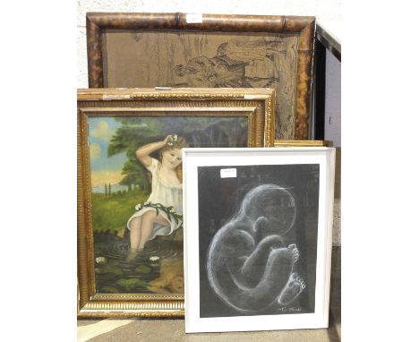 A late-19th/early-20th century oil on board painting depicting a young girl by a woodland pool, unsigned, 47 x 39cm, two tape