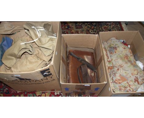 A vintage duffel coat, Scouts' clothing, a leather satchel, razor strops and other items.