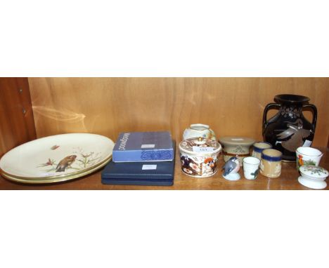 Two Mintons painted plates decorated with goldfinch and a wren, a Royal Chinaware Worcester pot painted with blue tits and ot