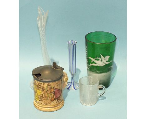 A small green glass Mary Gregory-style beaker, a small Stourbridge glass phial, a novelty blown glass snake and a Colman's mu