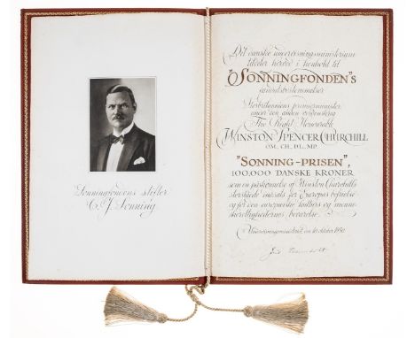 Churchill (Sir Winston).-  "Sonning-Prisen" [The Sonning Prize], bifolium, portrait frontispiece, ink signature, light spotti