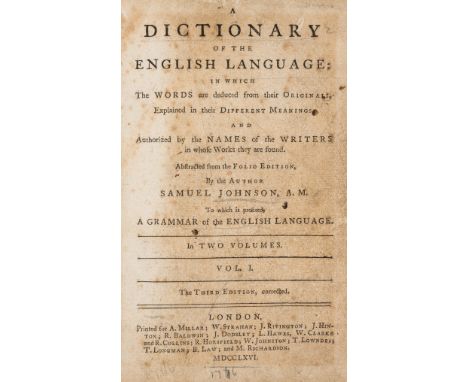 Johnson (Samuel) A Dictionary of the English Language..., 2 vol., third edition, vol. 1 title with a couple tiny chips to upp