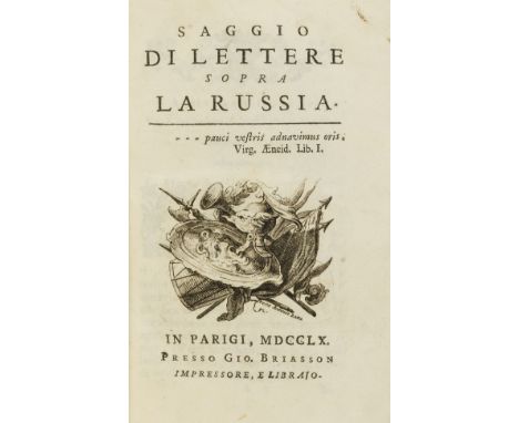 NO RESERVE Russia.- [Algarotti (Francesco)] Saggio di Lettere sopra la Russia, first edition, engraved title-vignette, woodcu