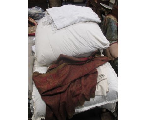 A Mulberry paisley scarf (A/F) two large square feather filled floor cushions, bedspreads and two cot-bed quilts  