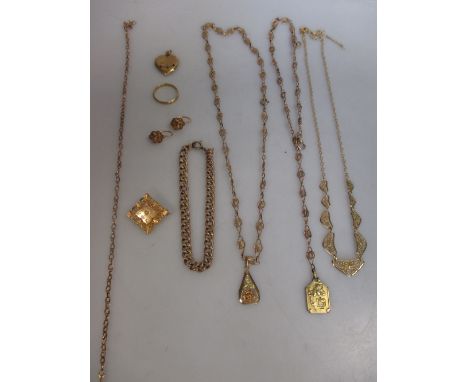 A pendant and chain, a wedding ring, a pair of earrings, a brooch, a filigree necklace, a hollow bracelet and a heart shaped 