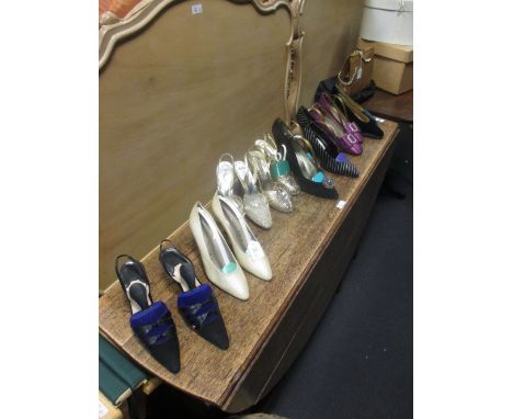 A collection of size 37 & 37 1/2 designer shoes, comprising a pair of Christian Dior purple silk shoes with faux fancy diamon