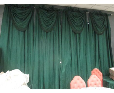 Two pairs of green damask curtains, fully lined with blackout chintz, each curtain with a central swag, each approx 270cm dro