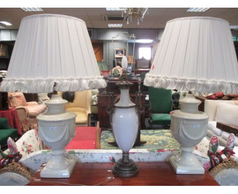 A pair of crackle glazed urn vase table lamps, 86cm high with shade, and another lamp (3)  One crackle glazed urn cracked at 