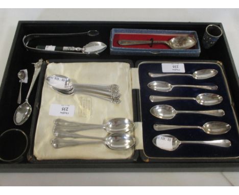 A cased set of six silver 'rattail' pattern coffee spoons, London 1920, a further six silver coffee spoons, London 1920, a fu