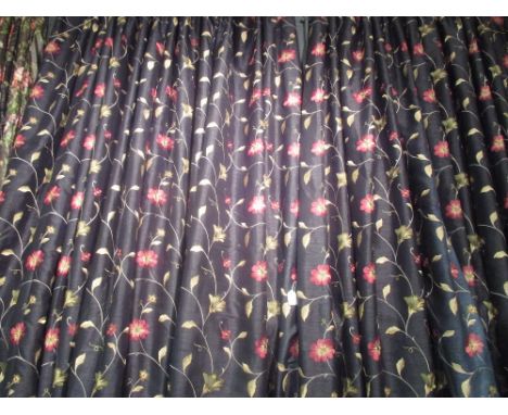 Two pairs of black machine embroded curtains with pelemts and tie-backs, approx 260cm drop and 80cm wide each curtain  