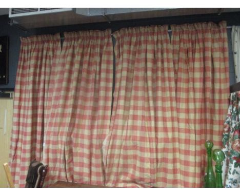 Two pairs of fully lined large red gingham check cotton curtains, each approx 260cm drop and 70cm wide  