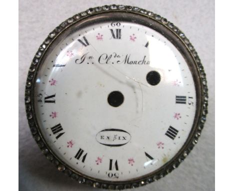 An early 19th century French pocket watch in need of restoration, the detached enamel dial signed 'Jn. Clde Monchan en Six', 