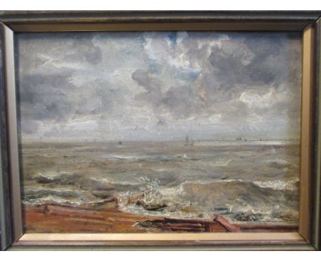 Circle of John Constable, Clouds and sea, oil on panel, 14 x 19cm  Condition appears fine - modern frame.