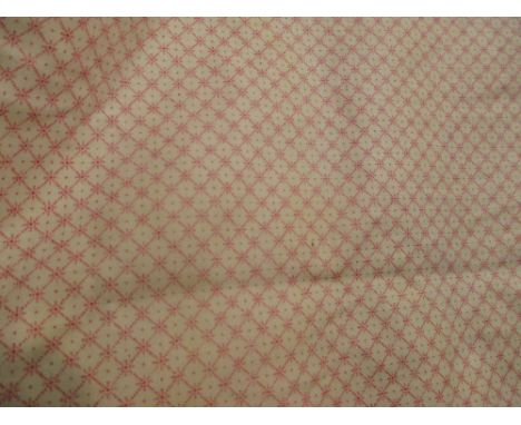 A pair of fully lined pink and cream patterned curtains each approx 130cm drop and 70cm wide, with matching pelmet, and a sin