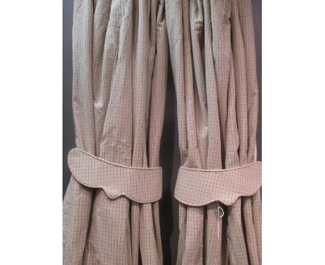 A pair of fully lined cotton curtains in yellow and brown check with matching tie backs, each approx 210cm drop by 60cm wide 