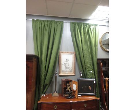 Three pairs of forest green fully lined linen curtains, each approx 300cm drop and 100cm wide  
