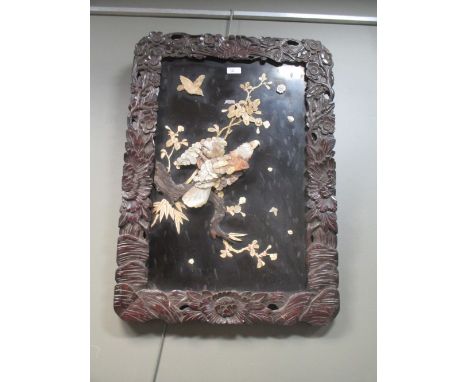 A Japanese black lacquer panel inlaid with an eagle, 73 x 52cm  