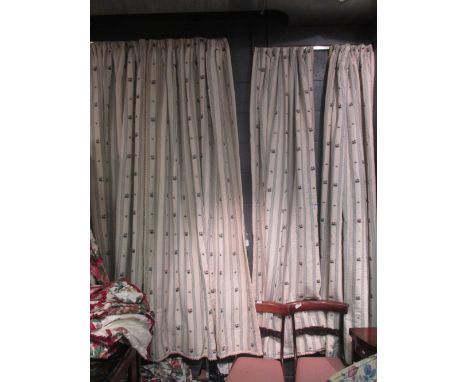 Two pairs of lined cotton curtains with alternating vertical stripes and sprig pattern, each approx 230cm drop and 70cm wide 