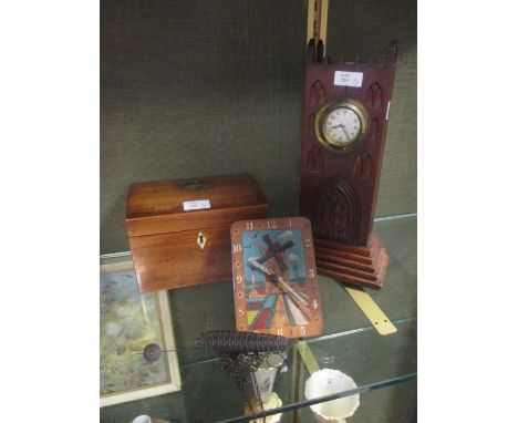 A small Dutch windmill painted wall clock, a carved mantel clock-case and a mahogany tea caddy (3)  