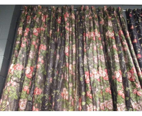 Two pairs of chintz curtains, each approx 250cm drop and 50cm wide, with a dog rose design, a matching gypsy table and cover 