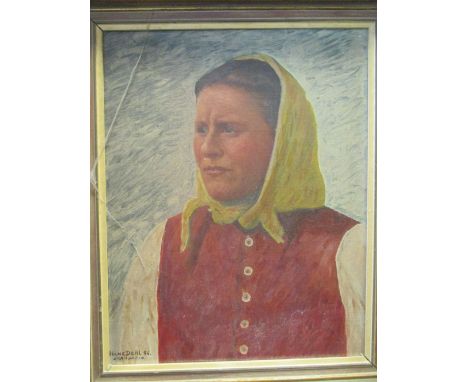 Hans Dahl (Norwegian 1849-1937), portrait of a Lady, Strandheim, oil on panel, signed lower left and dated '96, 45cm x 35cm, 