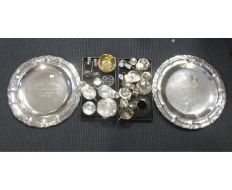 A collection of silver plated items including a pair of sauce boats, small bowls, grape shears, candle snuffer and lamp shade