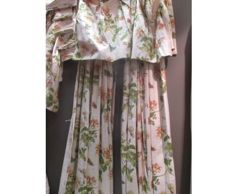 A pair of curtains with butterfly and honeysuckle pattern, two pelmets and spare fabric, each approx 225cm drop and 60cm wide
