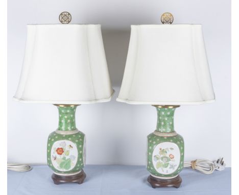 A pair of Chinese style pottery lamp bases and shades, 62cm tall incl. shades
