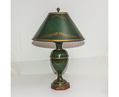 A green metal table lamp and shade, 78cm tall